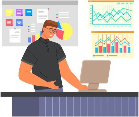 Businessman with computer works in data analysis. Man studies financial Stock Illustration