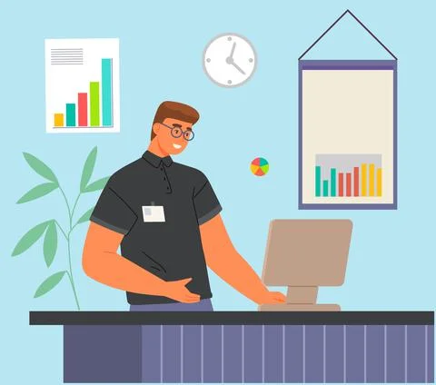 Businessman with computer works in data analysis. Man studies financial Stock Illustration