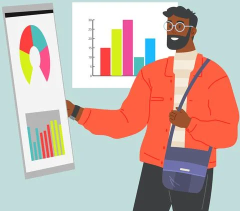 Businessman with computer works in data analysis. Man studies financial Stock Illustration