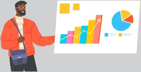 Businessman with computer works in data analysis. Man studies financial Illustrazione stock