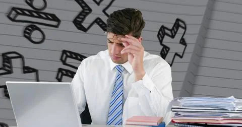 Businessman concentrating on laptop with stack of documents in office Stock Illustration