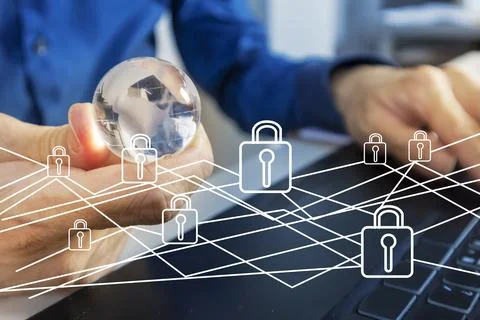 Businessman concept using secure labtop to encrypt multiple accounts and fi.. Stock Photos