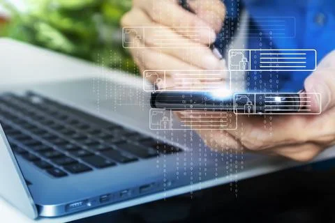 Businessman concept using secure mobile phone to encrypt multiple accounts .. Foto stock