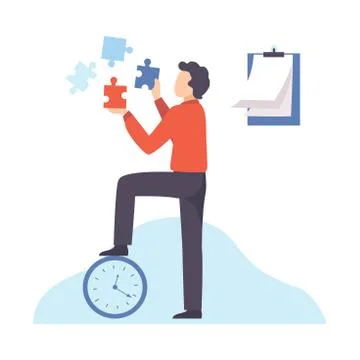 Businessman Connecting Puzzle Elements, Organization and Control of Working Time Stock Illustration