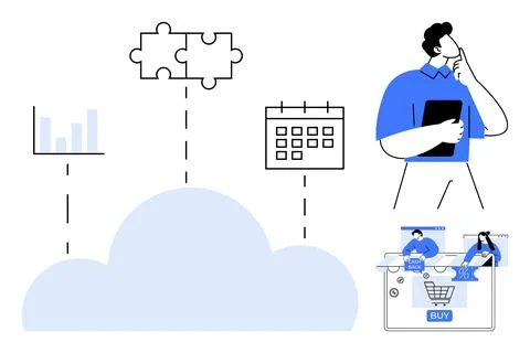 Businessman contemplating cloud solutions, integration of various elements th Stock Illustration