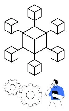 Businessman Contemplating Network of Connected Cubes and Gears for Problem-.. 스톡 일러스트