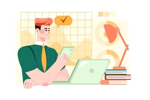 Businessman crossing hands using computer and smartphone Illustrazione stock