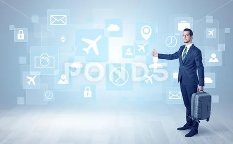 Businessman departs to a business trip with symbols Stock Photos