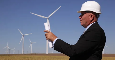 Businessman Developer Examine Wind Turbine Renewable Alternative Energy Sheets Stock-Footage 58773326