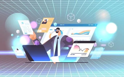 Businessman in digital glasses analyzing financial data on charts and graphs vr Stock Illustration