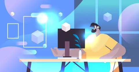 Businessman in digital glasses working on computer at workplace in office vr Illustrazione stock