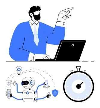 Businessman Directing, Robot Multitasking, Timer Efficiency, Automation, an.. Stockillustratie