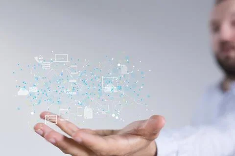 Businessman displaying 3D render of Actionable Analytics Connection icons Stock Photos
