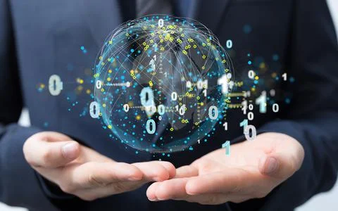 Businessman displaying 3D render of Actionable Analytics Connection icons Foto stock
