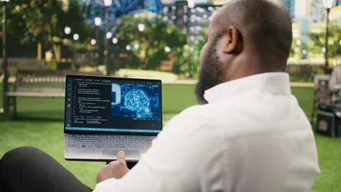 Businessman displaying source code and digital AI interface Stock Footage 343507230