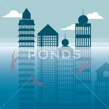 Businessman diving, underwater city. The background is blue. Stock Illustration