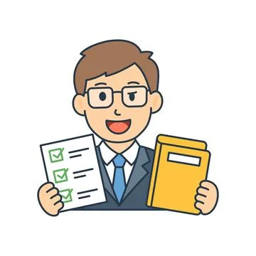 Businessman with document and folder icon in flat outline stroke style. Mal.. イラスト素材