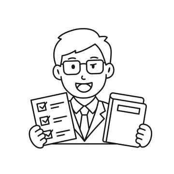 Businessman with document and folder icon in flat outline stroke style. Mal.. Illustrazione stock