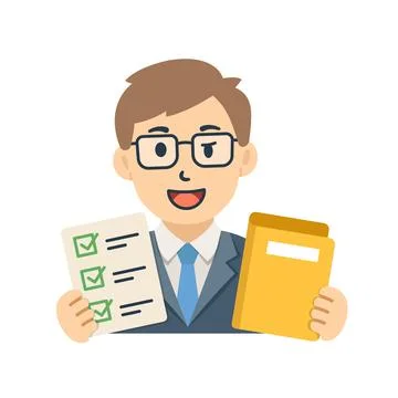 Businessman with document and folder icon in flat style. Male accountant ve.. イラスト素材