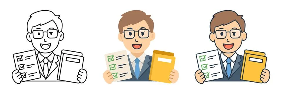 Businessman with document and folder icon set collection in flat style. Mal.. イラスト素材