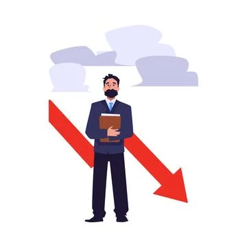 Businessman with documents stands under the cloud, business mistake, risk Illustrazione stock