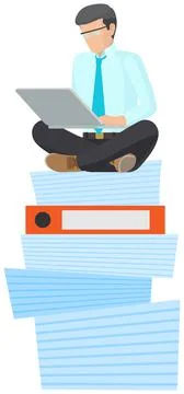 Businessman doing large amount of work. Busy male employee sitting at stack of Stock Illustration