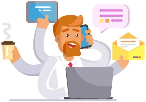 Businessman doing many tasks at same time. Man trying to deal with deadlines Ilustración de archivo