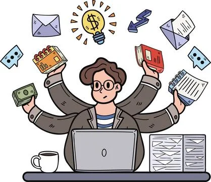 Businessman doing multitasking illustration in doodle style 스톡 일러스트
