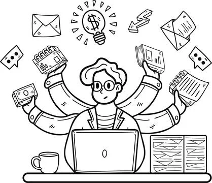 Businessman doing multitasking illustration in doodle style Stockillustratie