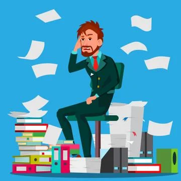 Businessman Doing Paperwork Vector. Office Worker. Emotional Stress. Large Stock Illustration