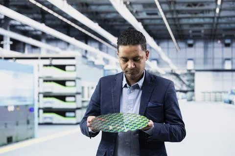 Businessman doing quality control on semiconductor substrates Stock Photos