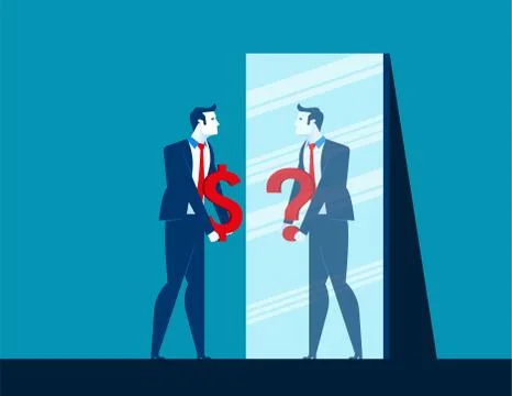 Businessman with dollar sign while mirror reflecting question mark depicting Stock Illustration