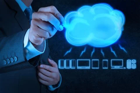 Businessman drawing a cloud computing diagram on the new computer Stock Illustration