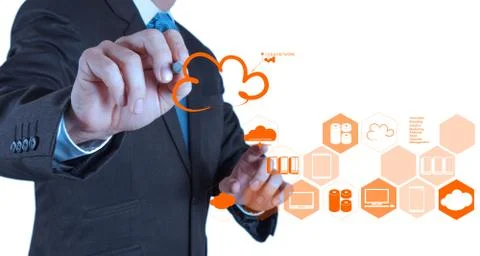 Businessman drawing a cloud computing diagram on the new computer interface Illustrazione stock