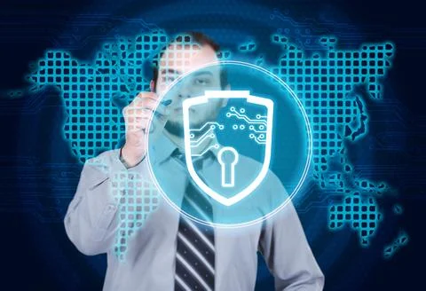 Businessman drawing digital shield interface Foto stock