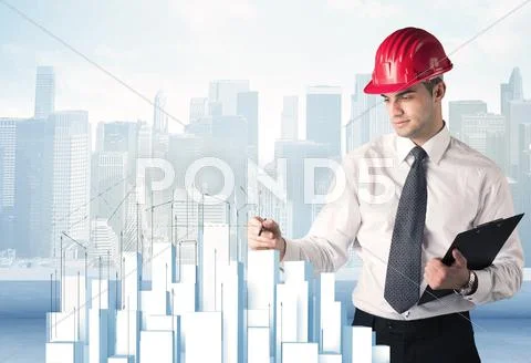 Businessman drawing skyscrapers Stock Photos