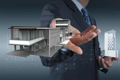 Businessman draws building development Ilustración de archivo