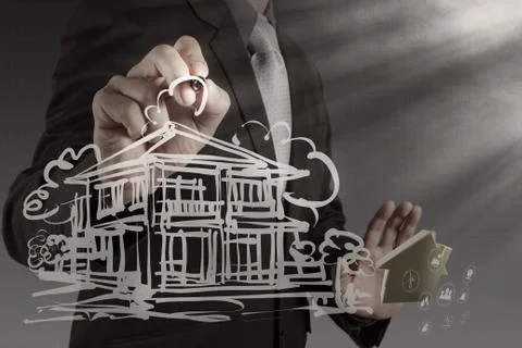 Businessman draws building development Stock Illustration