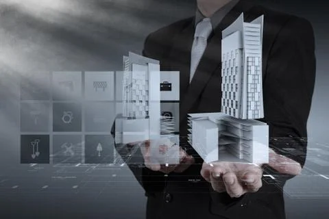 Businessman draws building development Stock Illustration