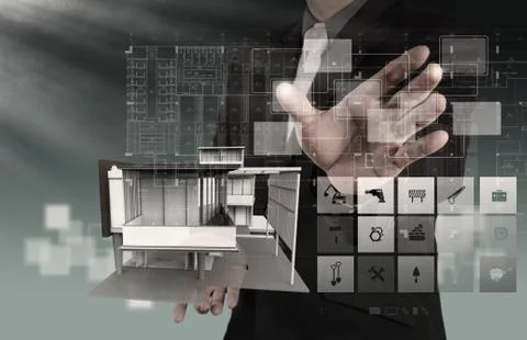 Businessman draws building development 스톡 일러스트