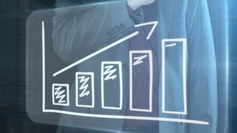 Businessman draws a graph on a virtual augmented reality panel. Stock Footage 119158776