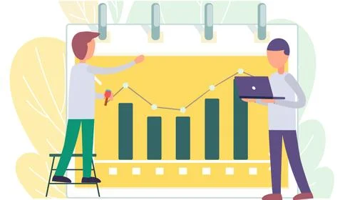 Businessman draws an increasing graph in a large notebook. Presentation of Illustrazione stock
