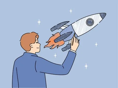 Businessman draws space rocket symbolizing successful launches and business Stock Illustration