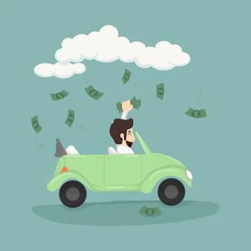 Businessman driving car catching money Stock Illustration