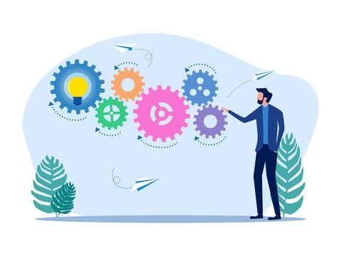 Businessman driving mechanical gear. Implementation of the process. Efficient Stock Illustration