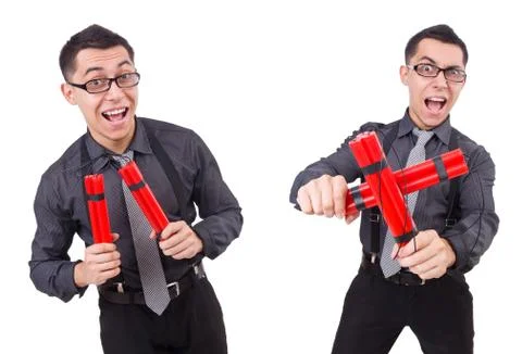 Businessman with dynamite isolated on white Foto stock