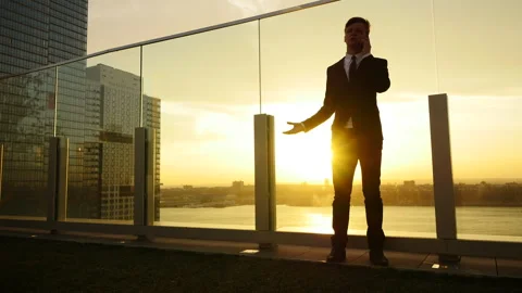 A businessman engaged in a phone call while standing on a rooftop in the Stock Footage 280684378