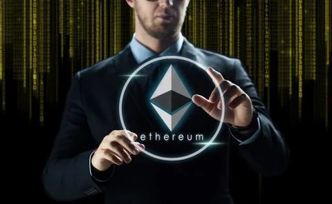 Businessman with ethereum over binary code Stock Photos