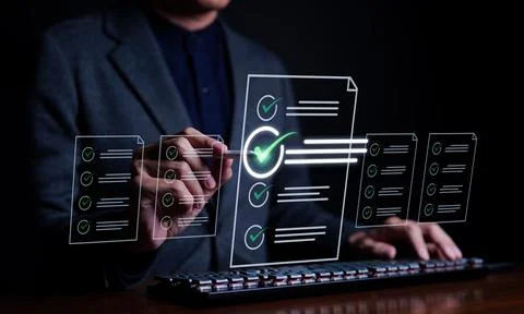 Businessman evaluating with checkboxes on online computer. assessment. Stock Photos