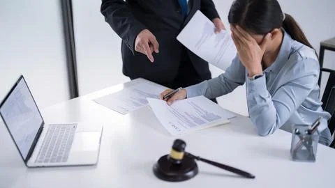 Businessman explaining about finance data to lawyer while female attorney r.. Stock Photos